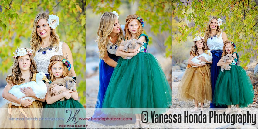 Mom and twin daughters in fancy dresses with pets